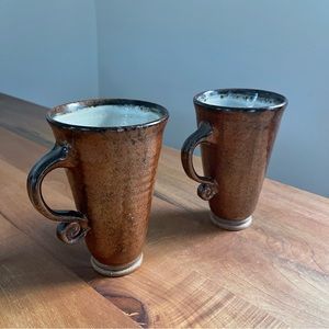 Set of Two Handmade Studio Pottery 6" Tall Speckled Brown Glaze Mugs Signed WBC